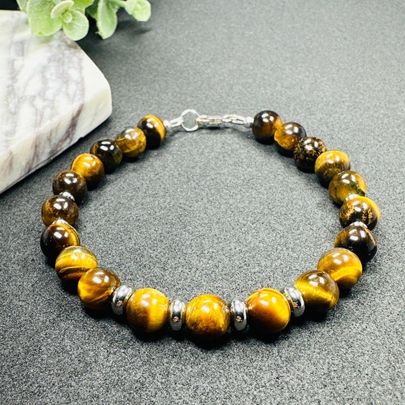 Mens Tiger Eye Bracelet Sterling Silver - Picture 3 of 5